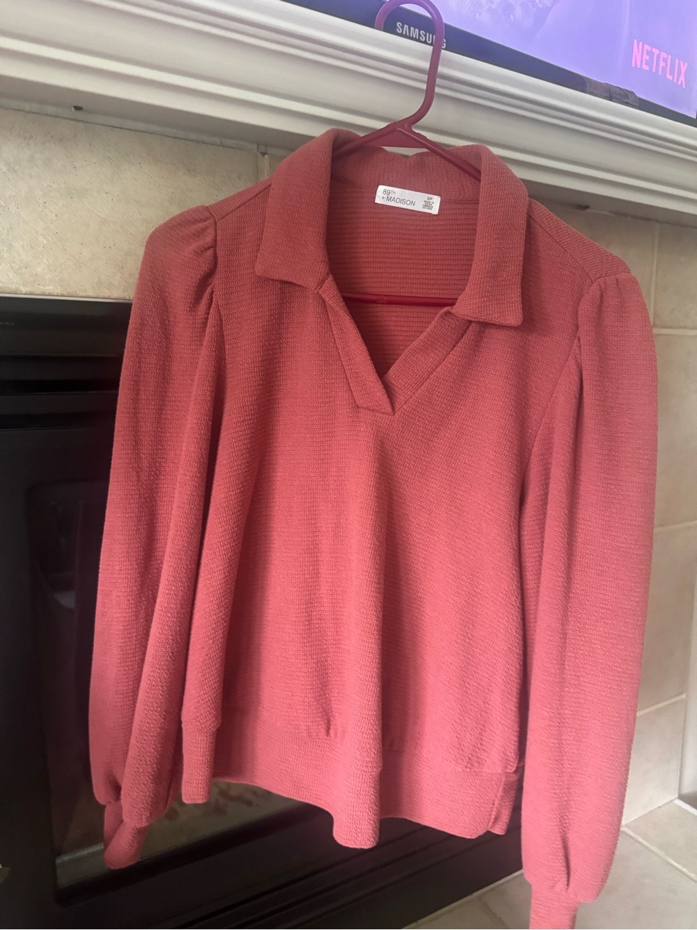 Madison Rose-Pink Collared Puff Sleeve Knit Top